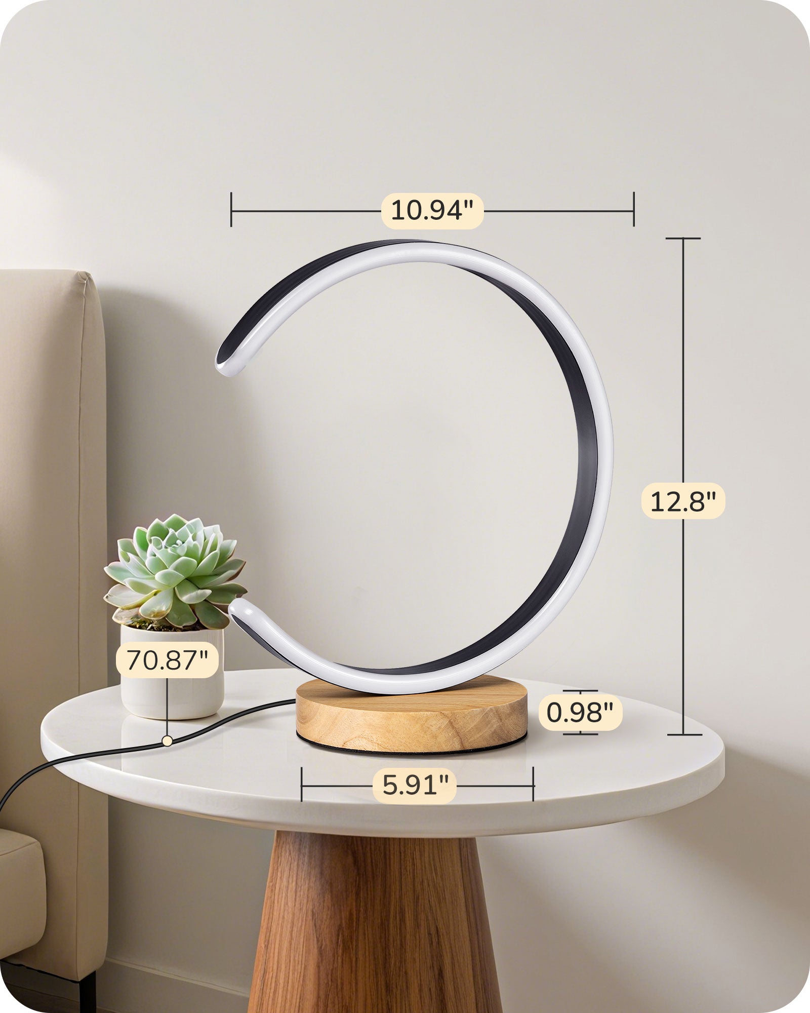 Modern C-Shaped LED Table Lamp with Solid Wood Base