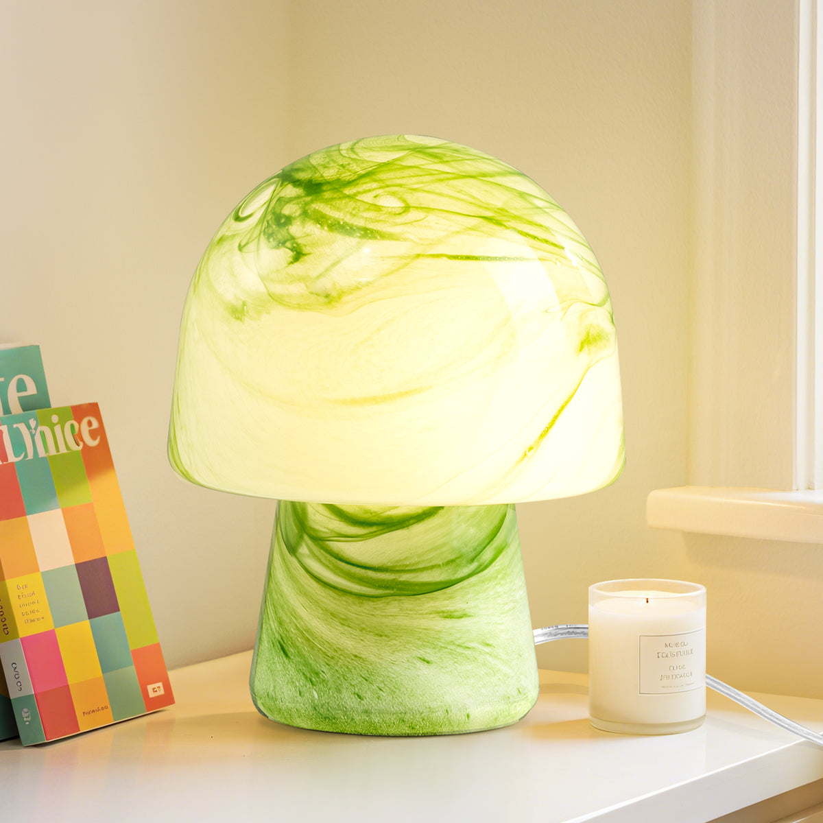 10.04" Green Swirl Glass Mushroom Table Lamp with LED Bulb