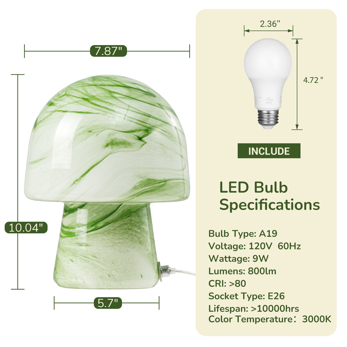10.04" Green Swirl Glass Mushroom Table Lamp with LED Bulb