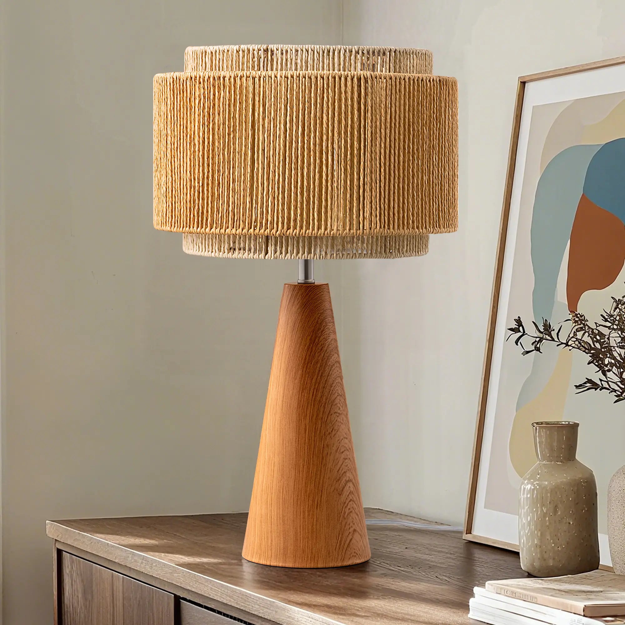 Bedside Natural Two-Tone Rattan Lampshade Table Lamp (20.1" )