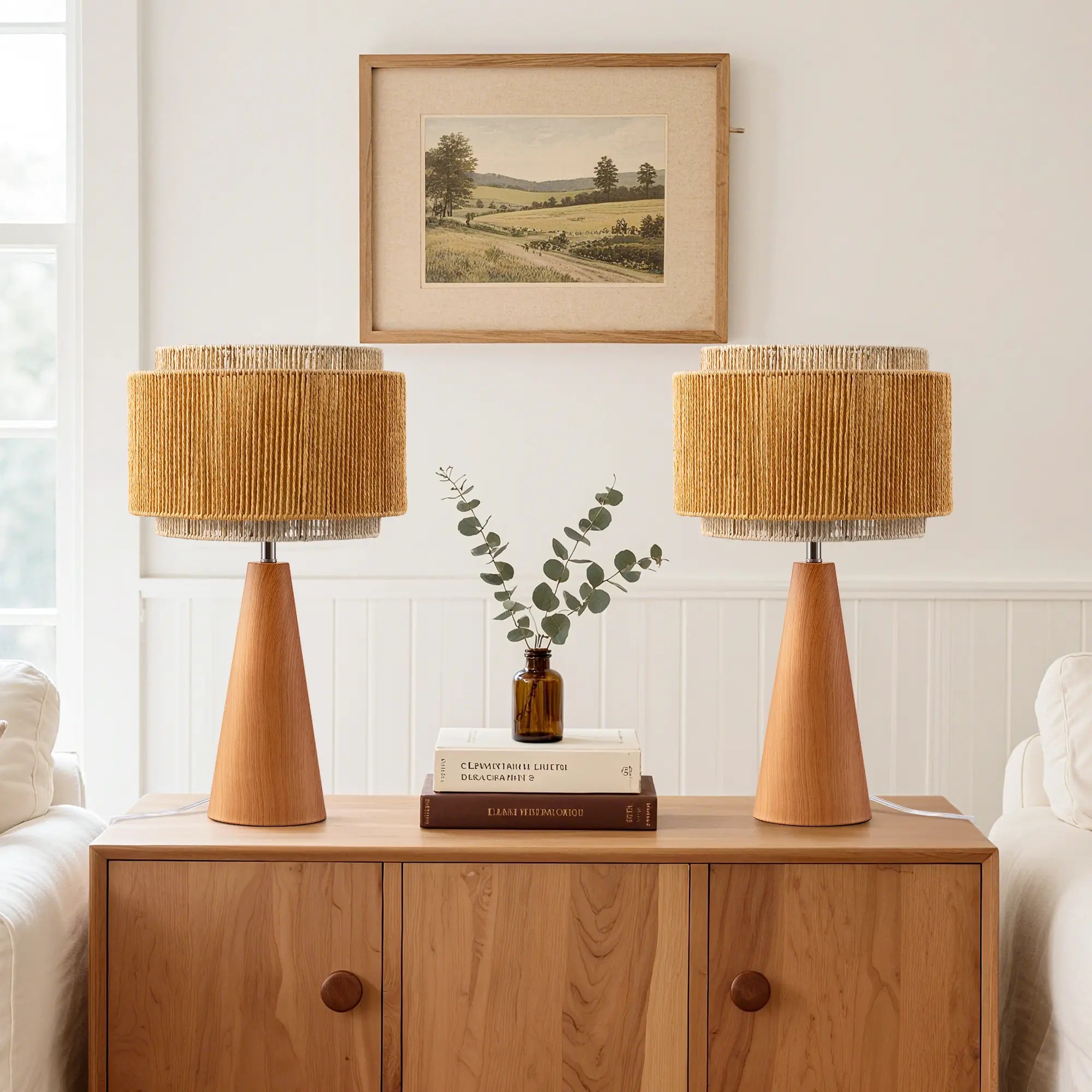 Bedside Natural Two-Tone Rattan Lampshade Table Lamp (20.1" )