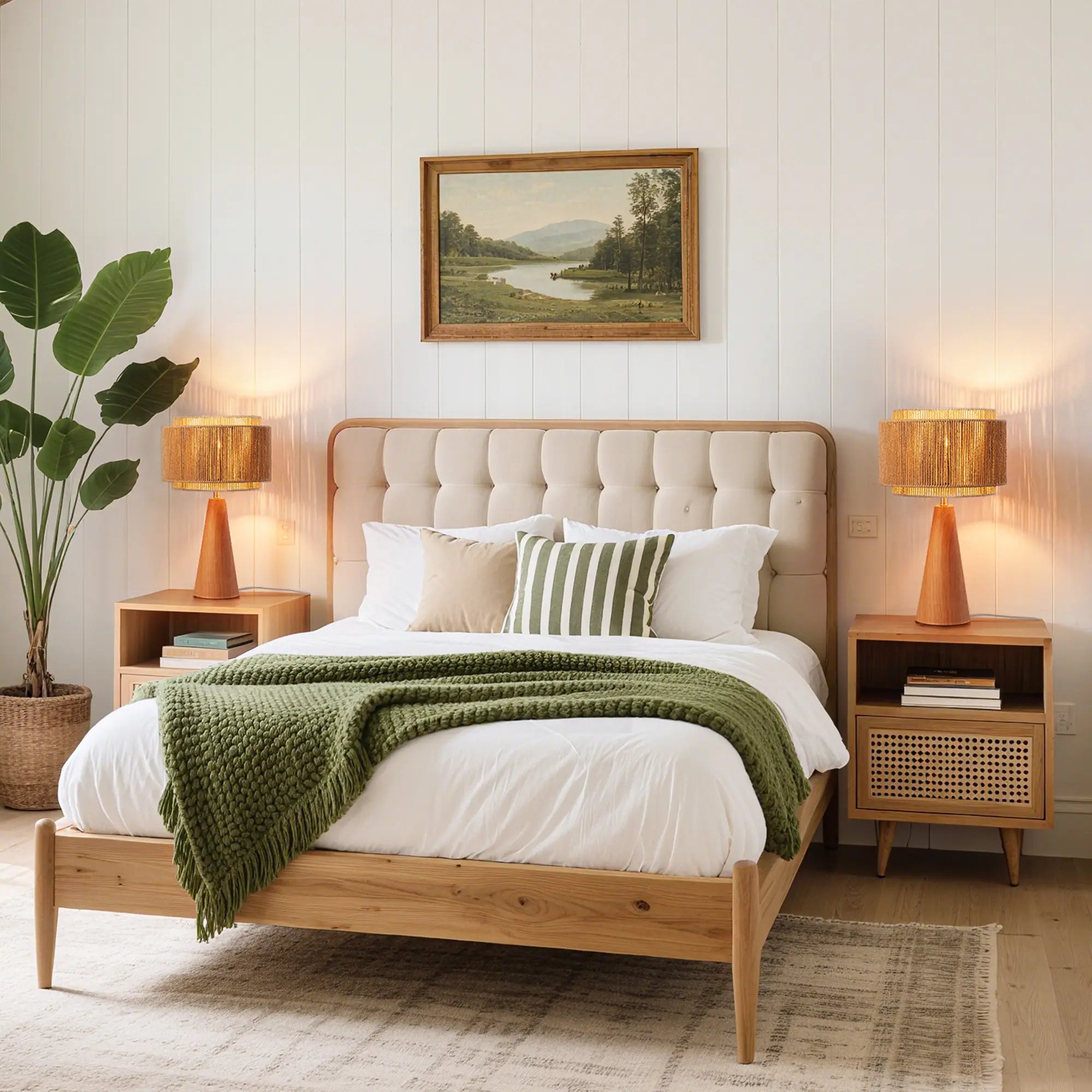 Bedside Natural Two-Tone Rattan Lampshade Table Lamp (20.1" )
