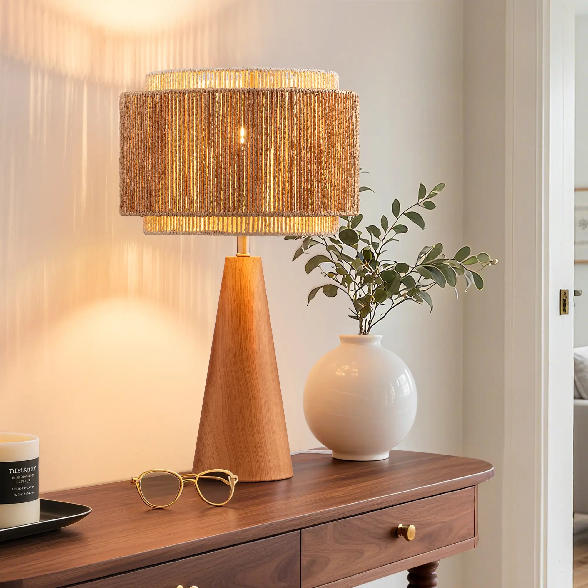Bedside Natural Two-Tone Rattan Lampshade Table Lamp (20.1" )
