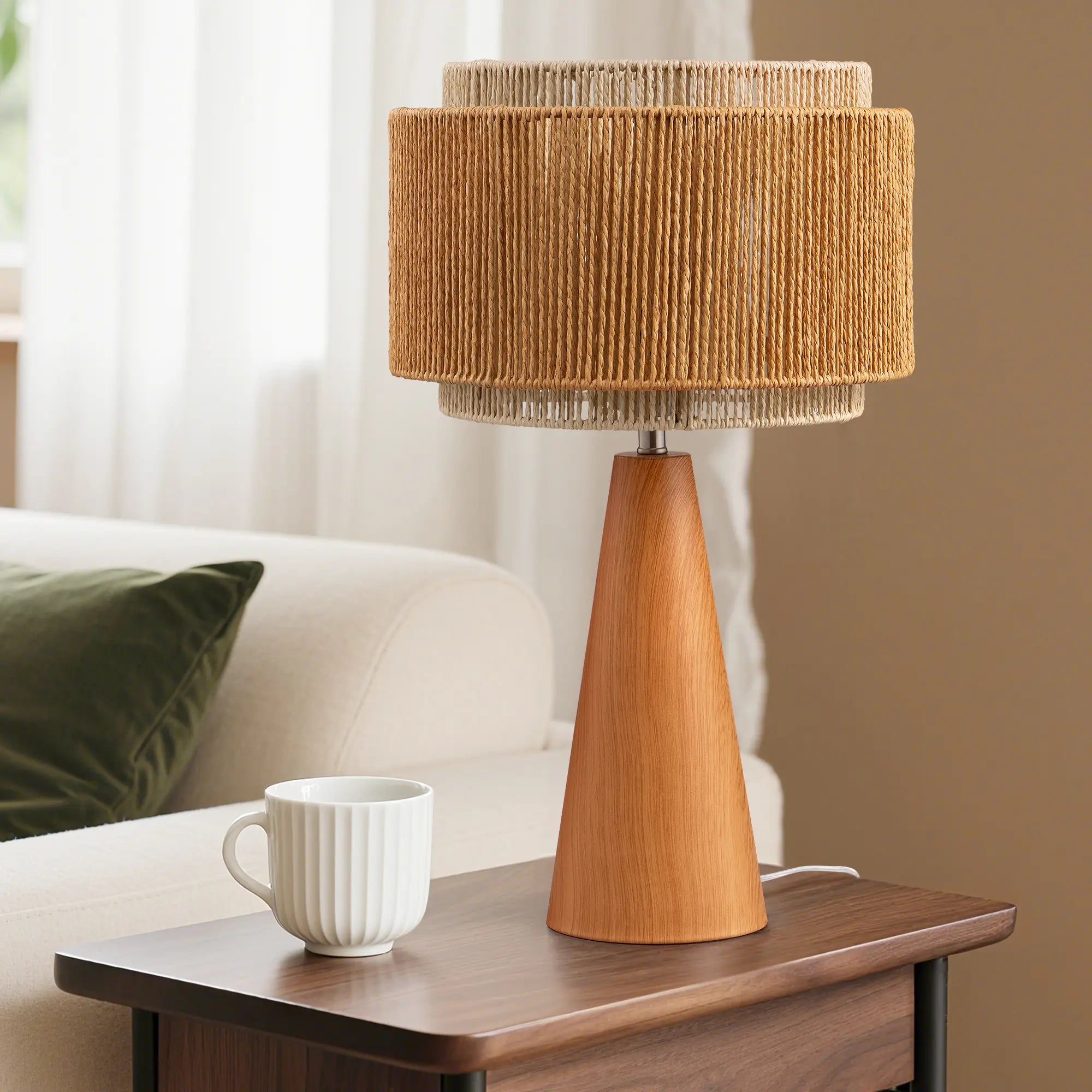 Bedside Natural Two-Tone Rattan Lampshade Table Lamp (20.1" )