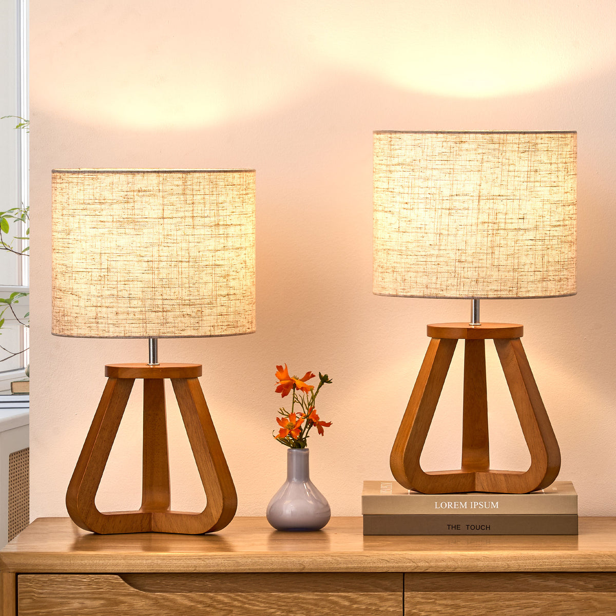 Rosewood Wood Tripod Table Lamp with Linen Shade (2 Pack)