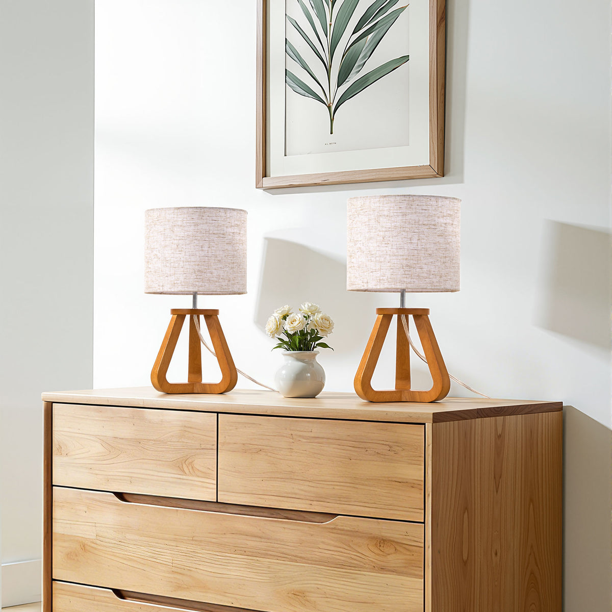 Rosewood Wood Tripod Table Lamp with Linen Shade (2 Pack)