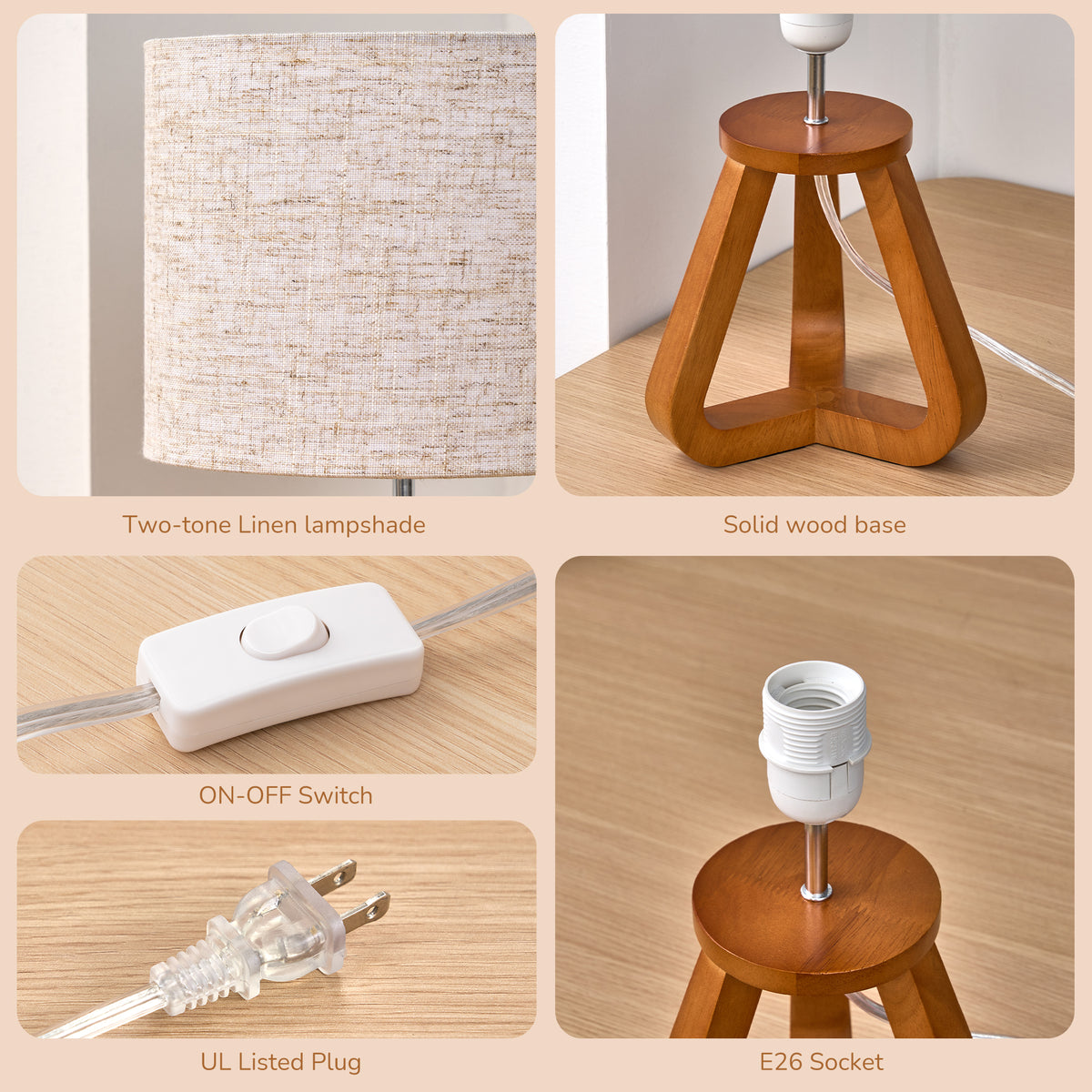 Rosewood Wood Tripod Table Lamp with Linen Shade (2 Pack)