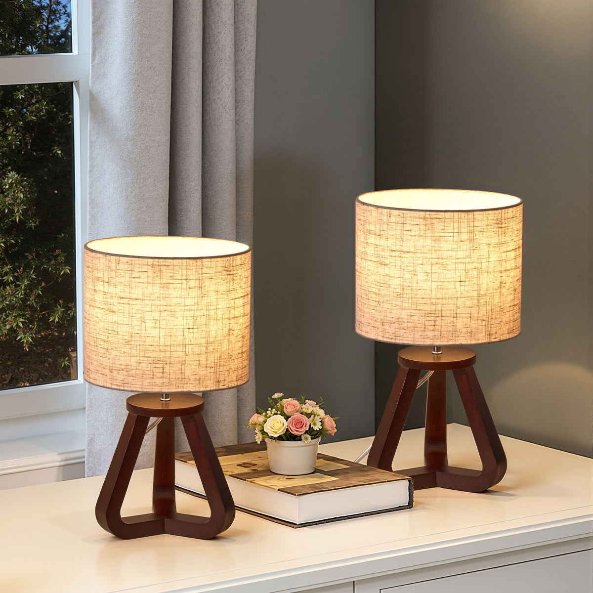Walnut Wood Tripod Table Lamp with Linen Shade (2 Pack)