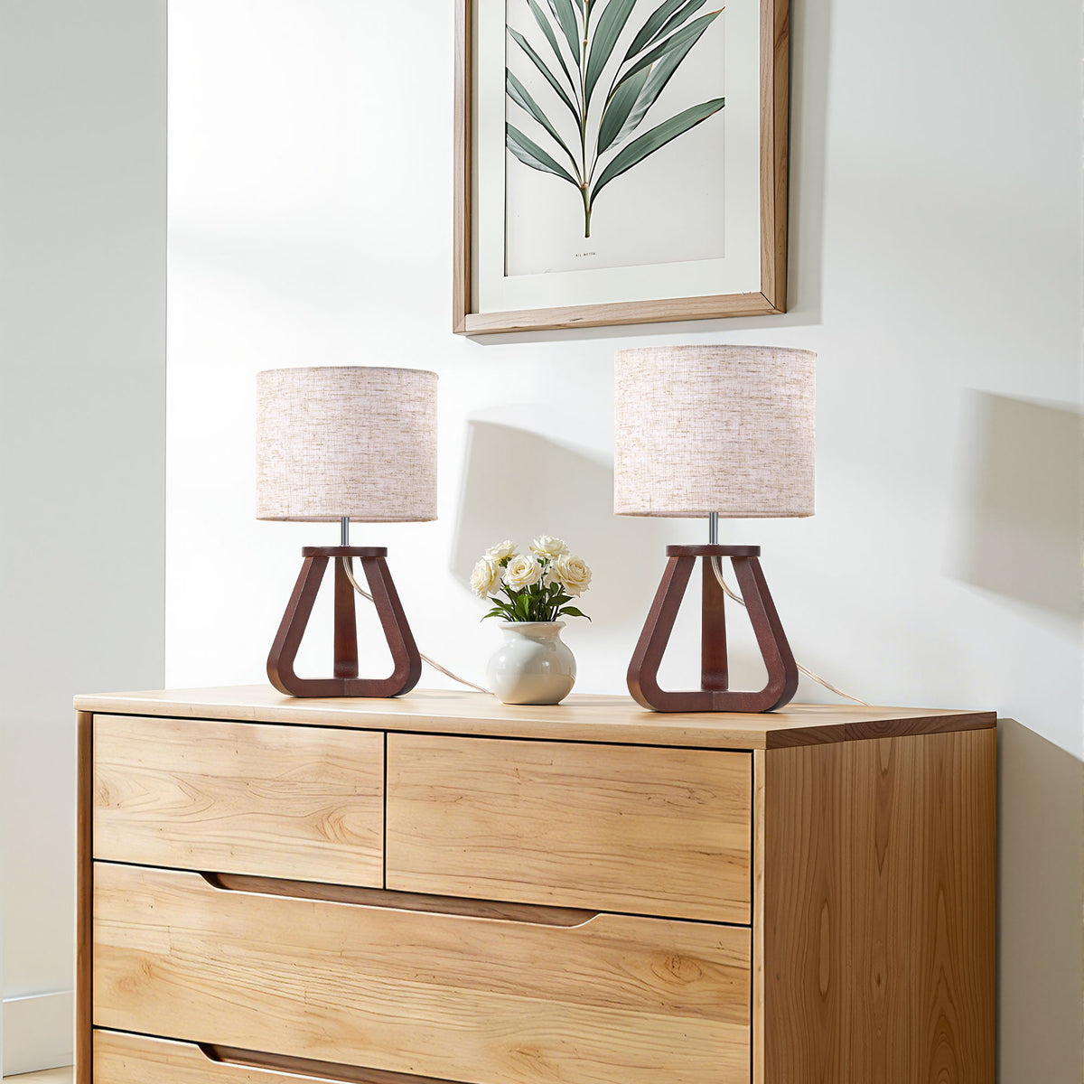 Walnut Wood Tripod Table Lamp with Linen Shade (2 Pack)