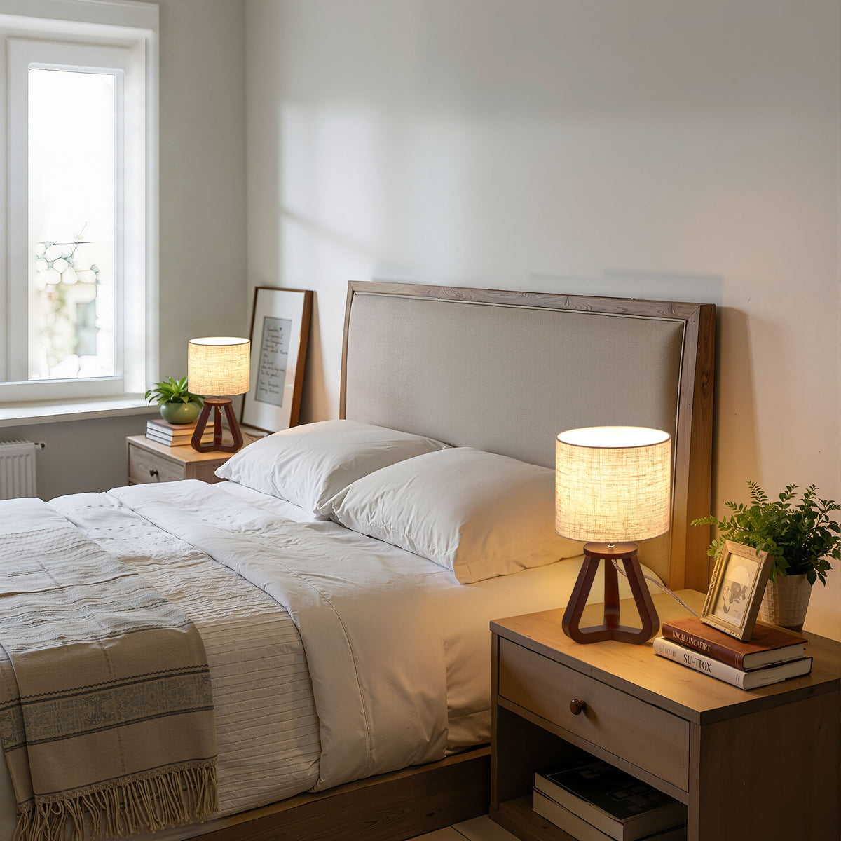 Walnut Wood Tripod Table Lamp with Linen Shade (2 Pack)