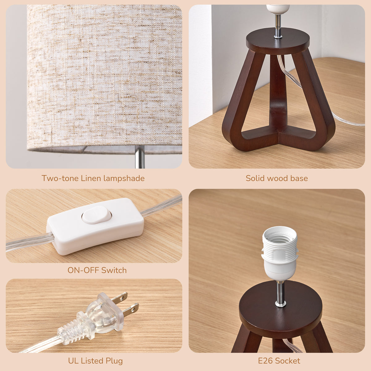 Walnut Wood Tripod Table Lamp with Linen Shade (2 Pack)