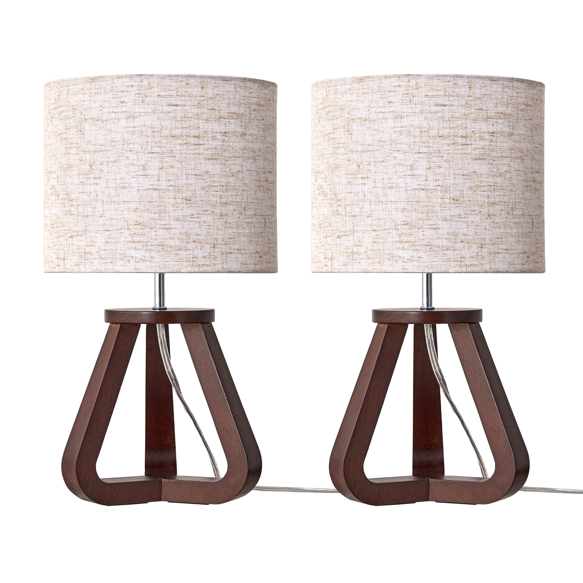 Walnut Wood Tripod Table Lamp with Linen Shade (2 Pack)