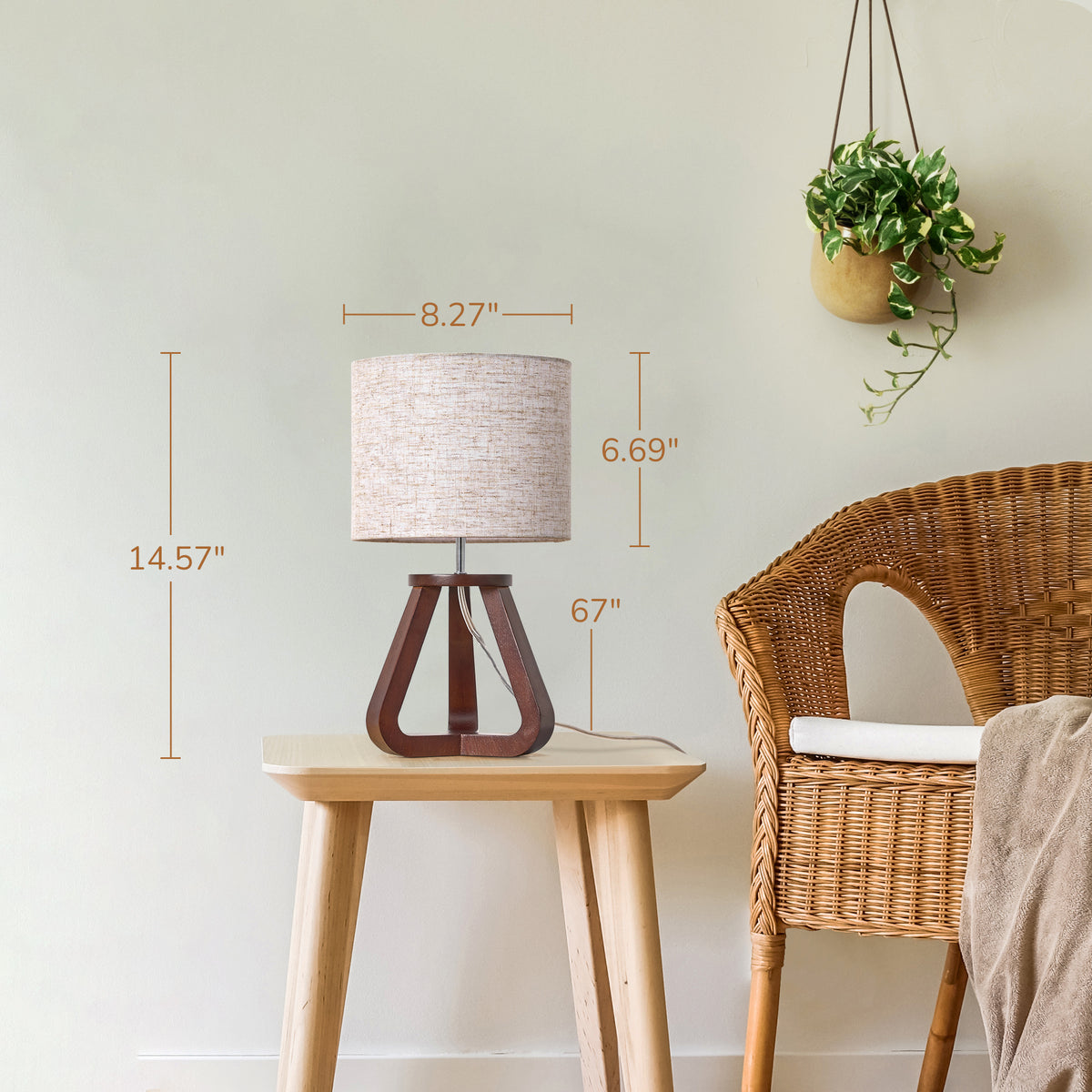 Walnut Wood Tripod Table Lamp with Linen Shade (2 Pack)