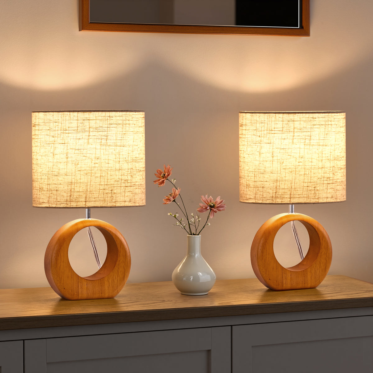 Rosewood Round Solid Wood Table Lamp with Linen Shade (2 Pack)