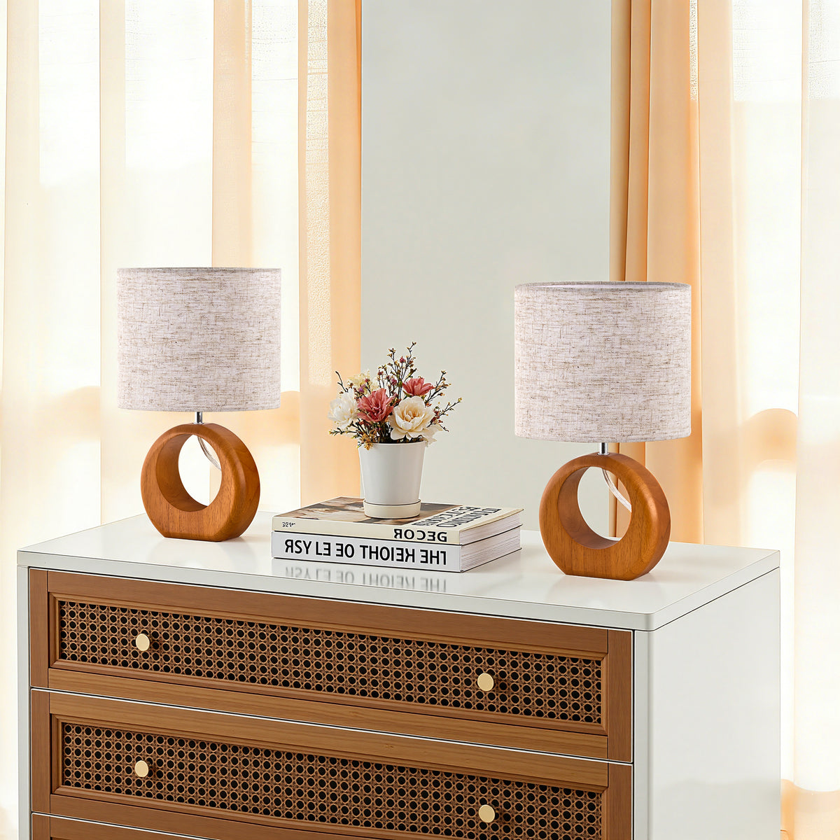 Rosewood Round Solid Wood Table Lamp with Linen Shade (2 Pack)