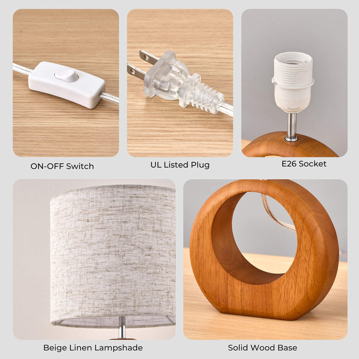 Rosewood Round Solid Wood Table Lamp with Linen Shade (2 Pack)