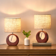Dark Walnut Round Solid Wood Table Lamp with Linen Shade - 2 Pack