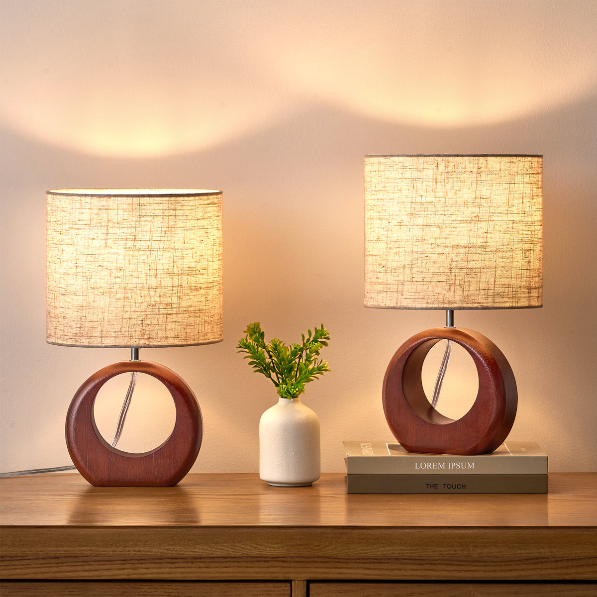 Dark Walnut Round Solid Wood Table Lamp with Linen Shade - 2 Pack