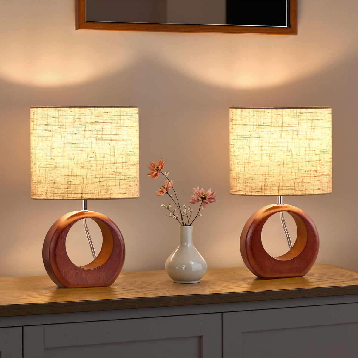 Dark Walnut Round Solid Wood Table Lamp with Linen Shade - 2 Pack