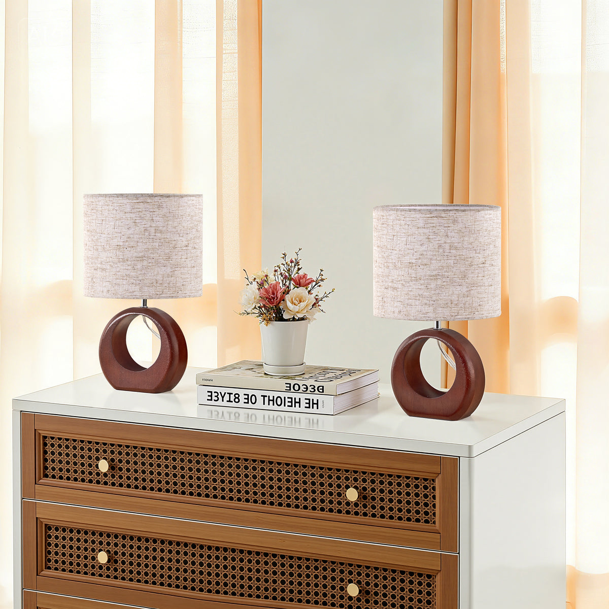 Dark Walnut Round Solid Wood Table Lamp with Linen Shade - 2 Pack