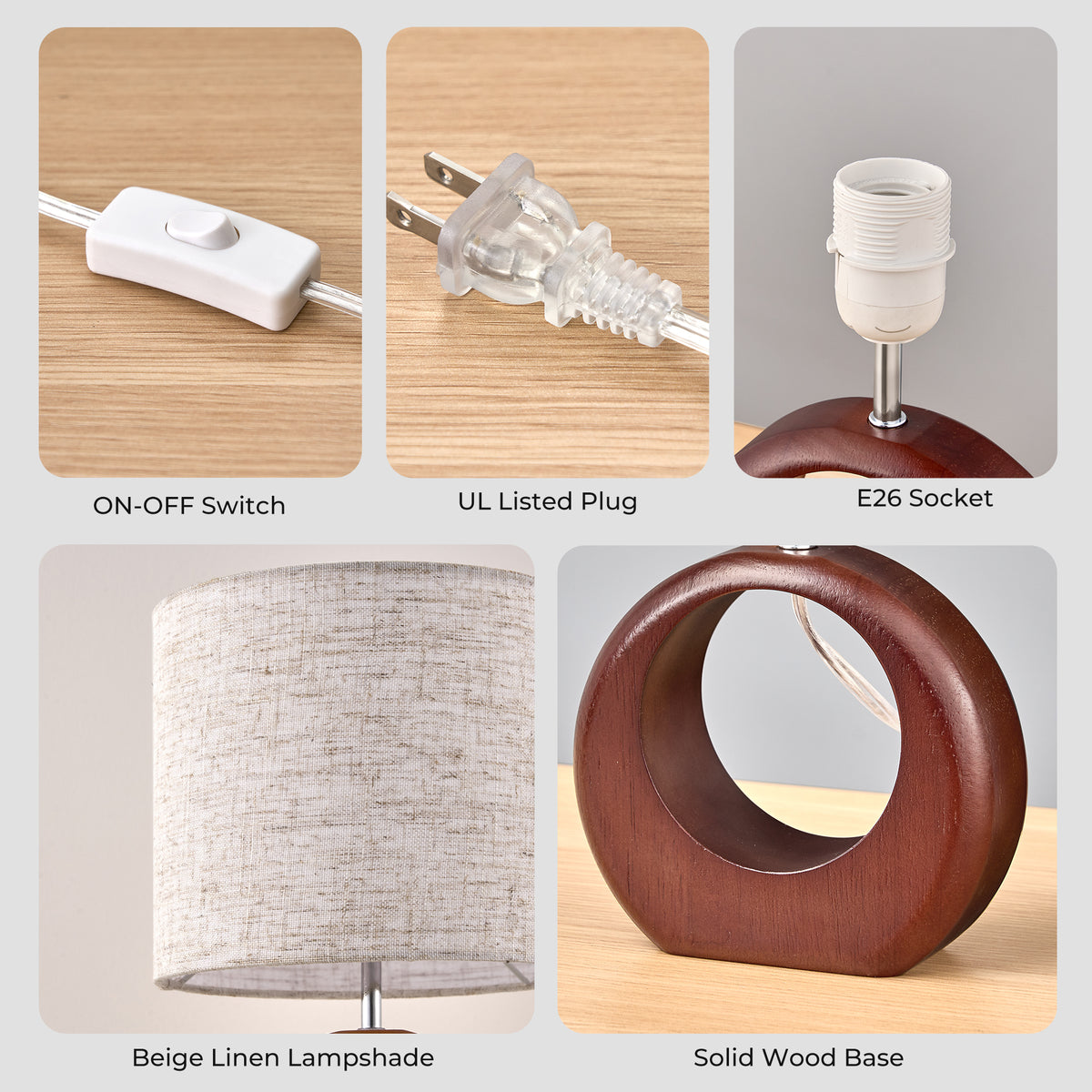 Dark Walnut Round Solid Wood Table Lamp with Linen Shade - 2 Pack