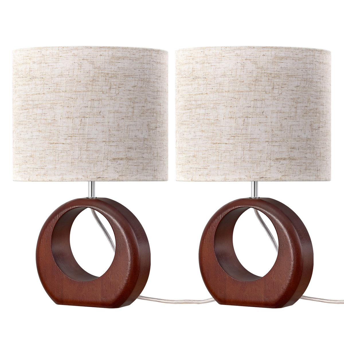 Dark Walnut Round Solid Wood Table Lamp with Linen Shade - 2 Pack