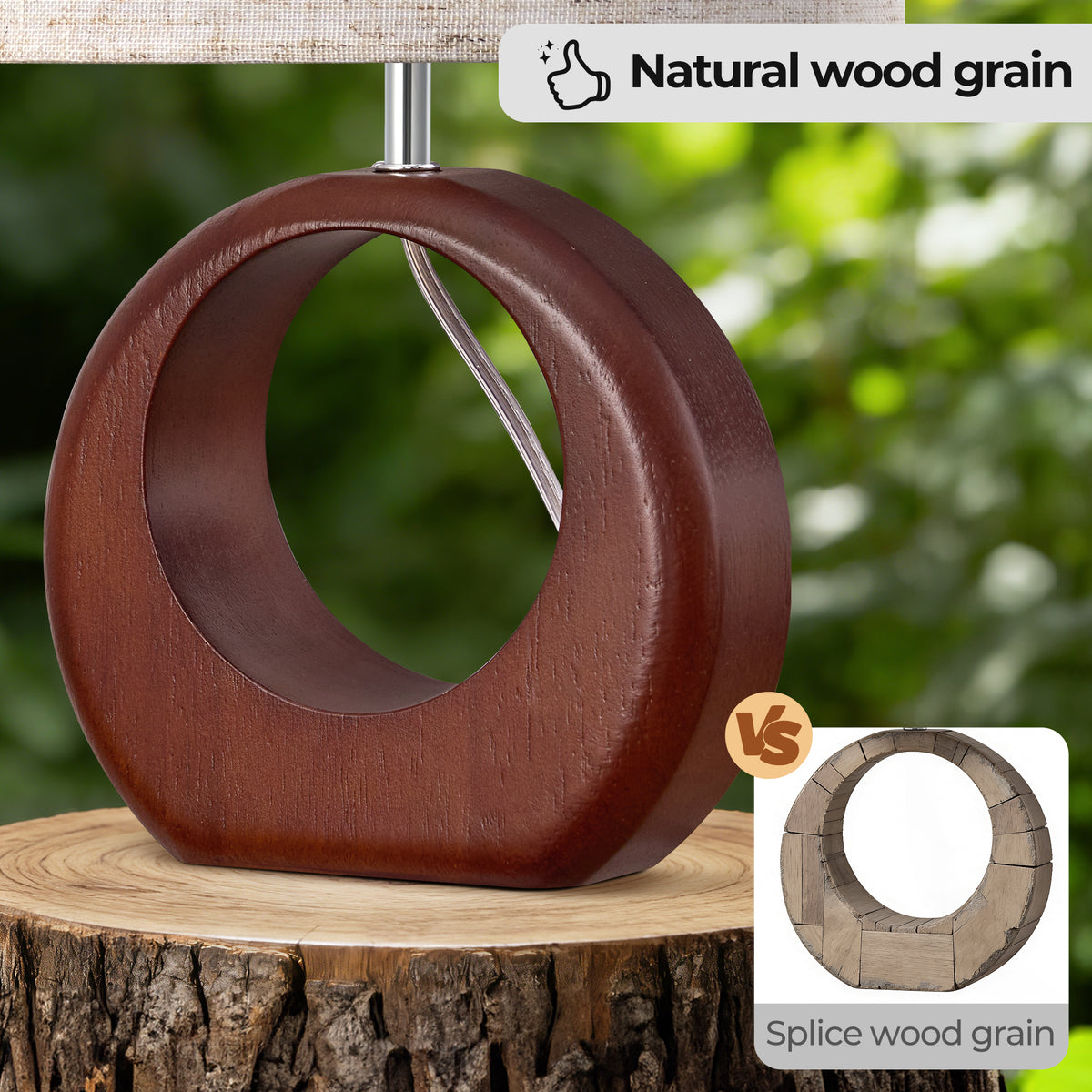 Dark Walnut Round Solid Wood Table Lamp with Linen Shade - 2 Pack