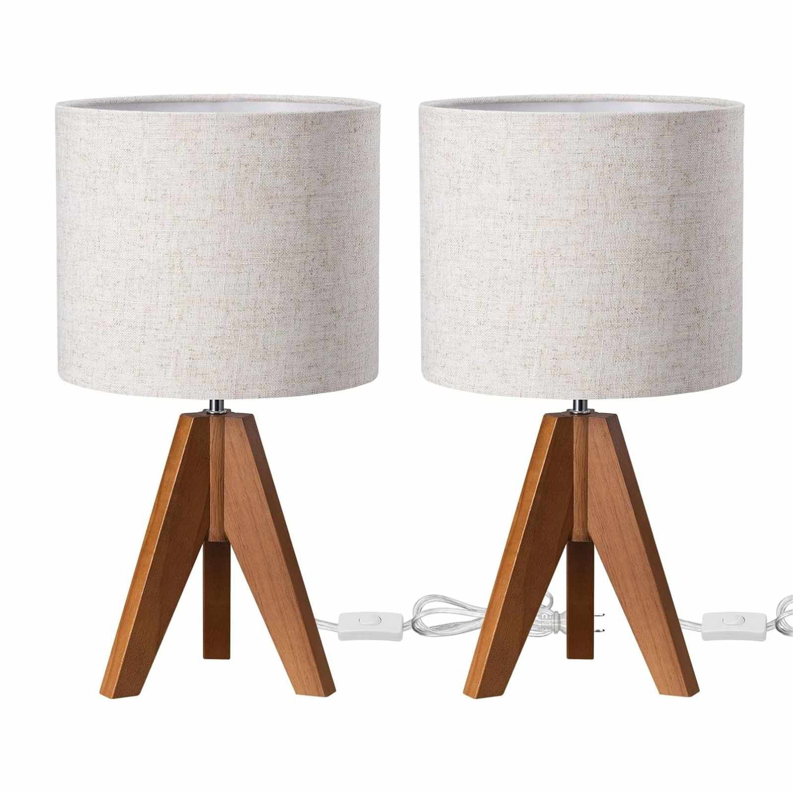 Modern Wooden Tripod Table Lamps with Beige Linen Shade – Set of 2 (Rosewood)