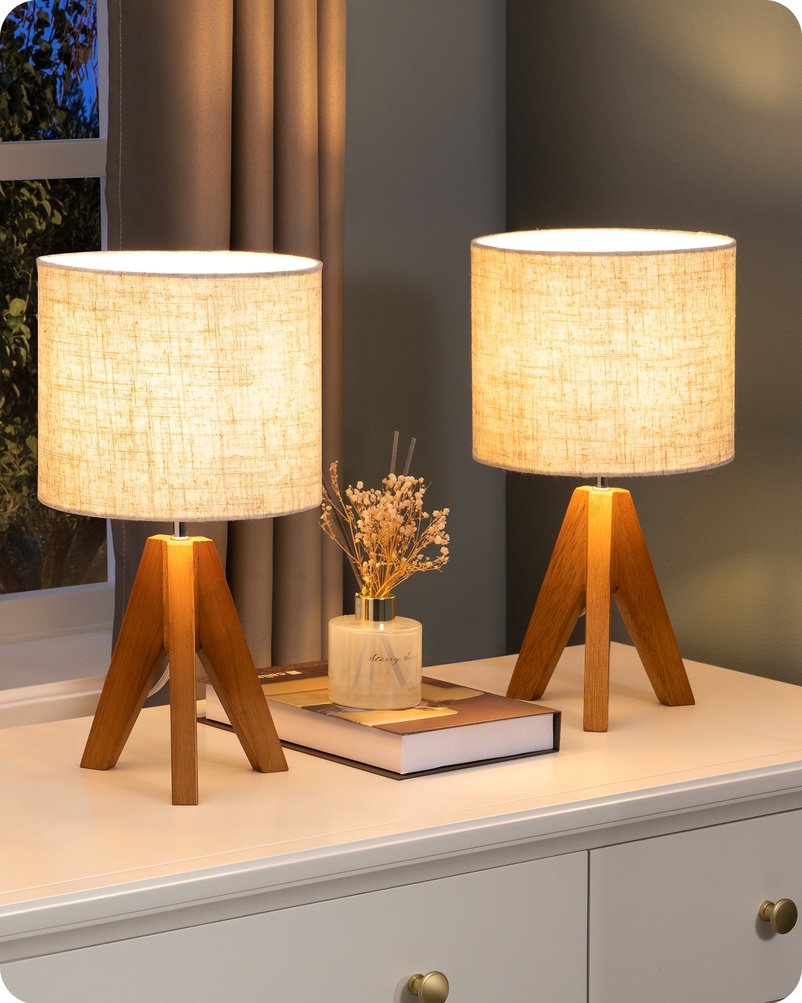 EDISHINE Wooden Tripod Table Lamp with Linen Fabric Lampshade, 2 Pack-HLTL25Q