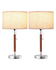 EDISHINE | Mid-Century Wood Table Lamp Set with Pull Chain