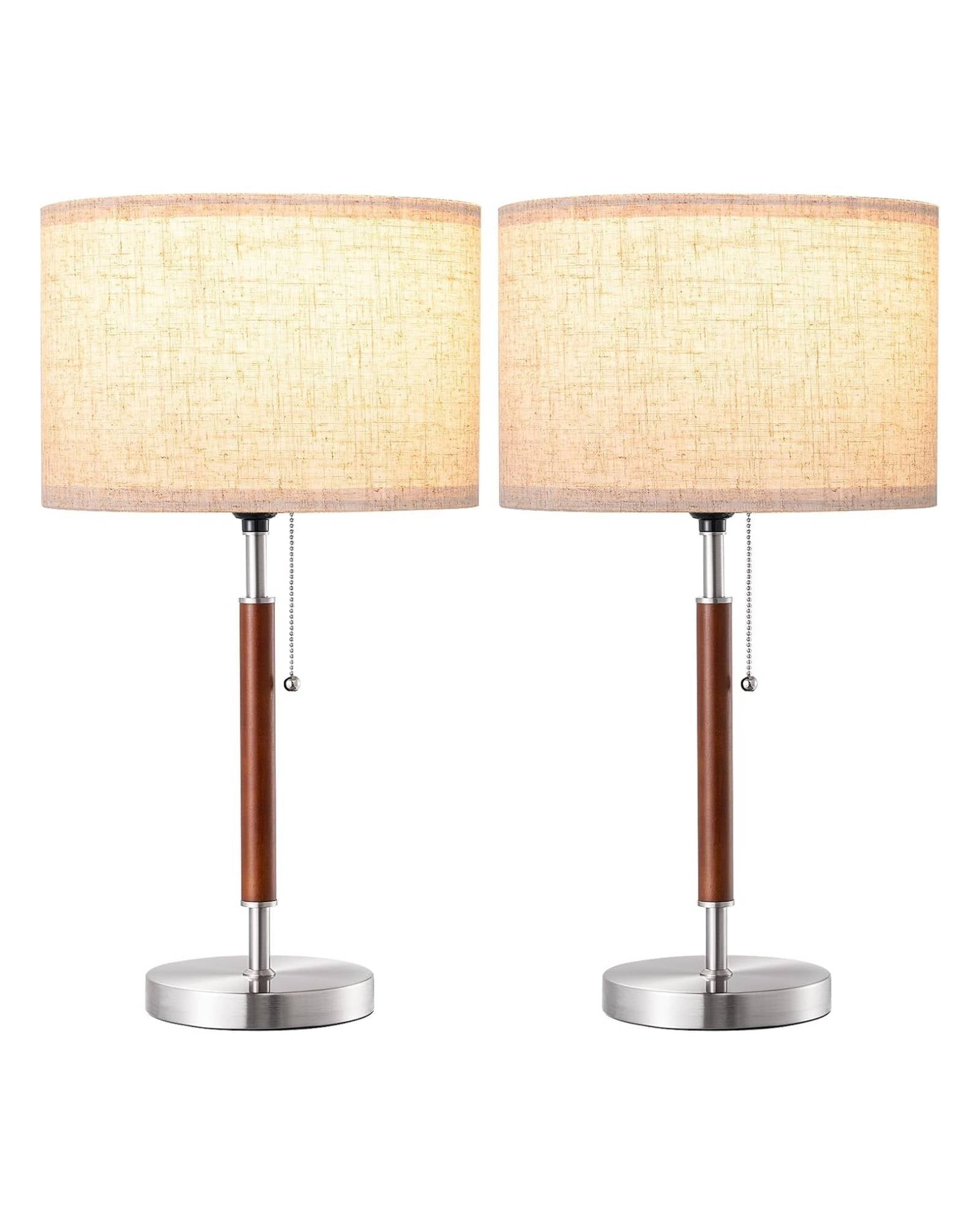 EDISHINE | Mid-Century Wood Table Lamp Set with Pull Chain