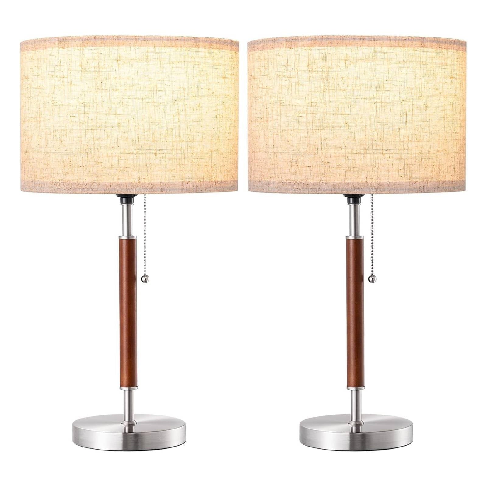 Mid-Century Solid Wood Table Lamps with Pull-Chain - Set of 2 (Silver)