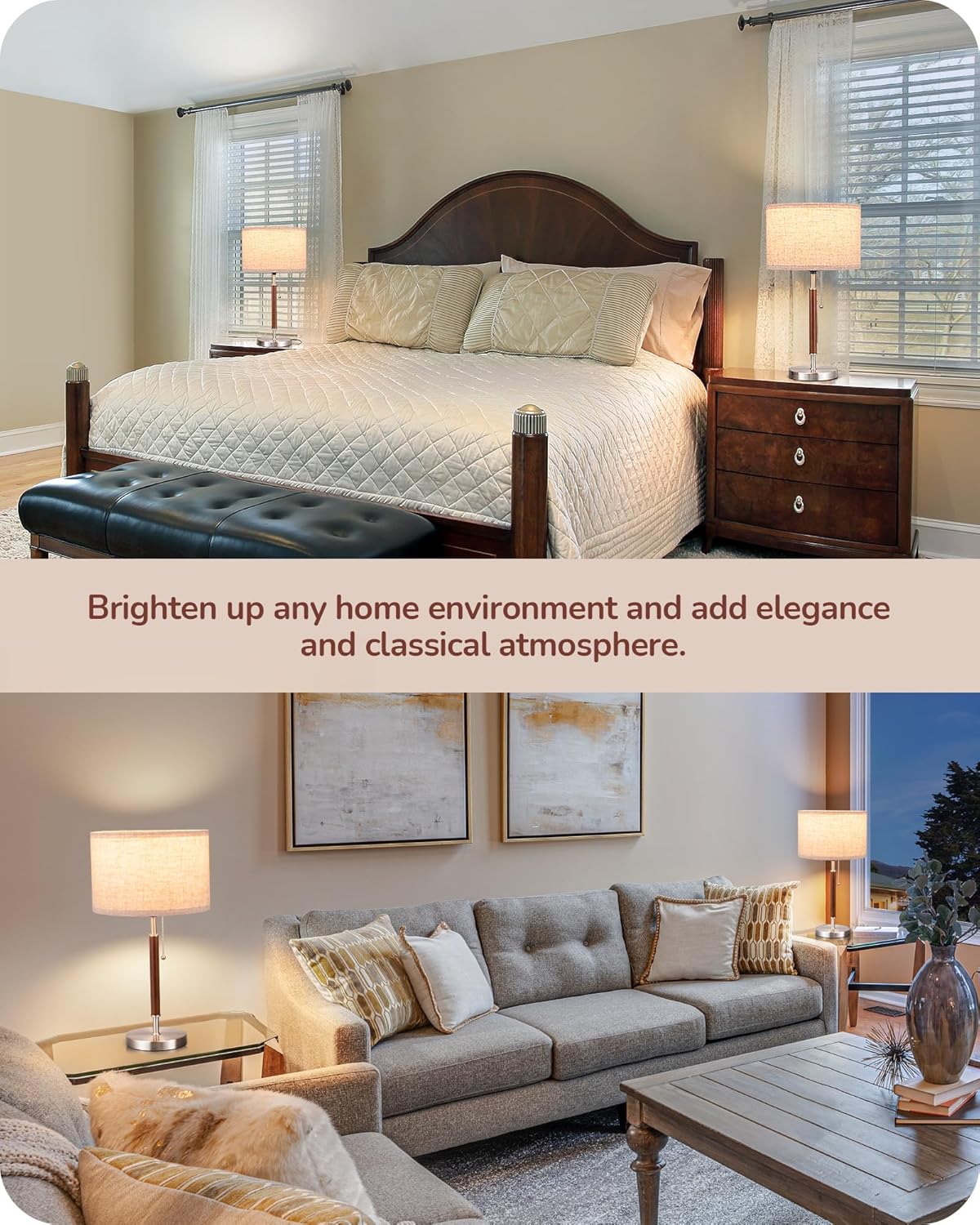 EDISHINE | Mid-Century Wood Table Lamp Set with Pull Chain