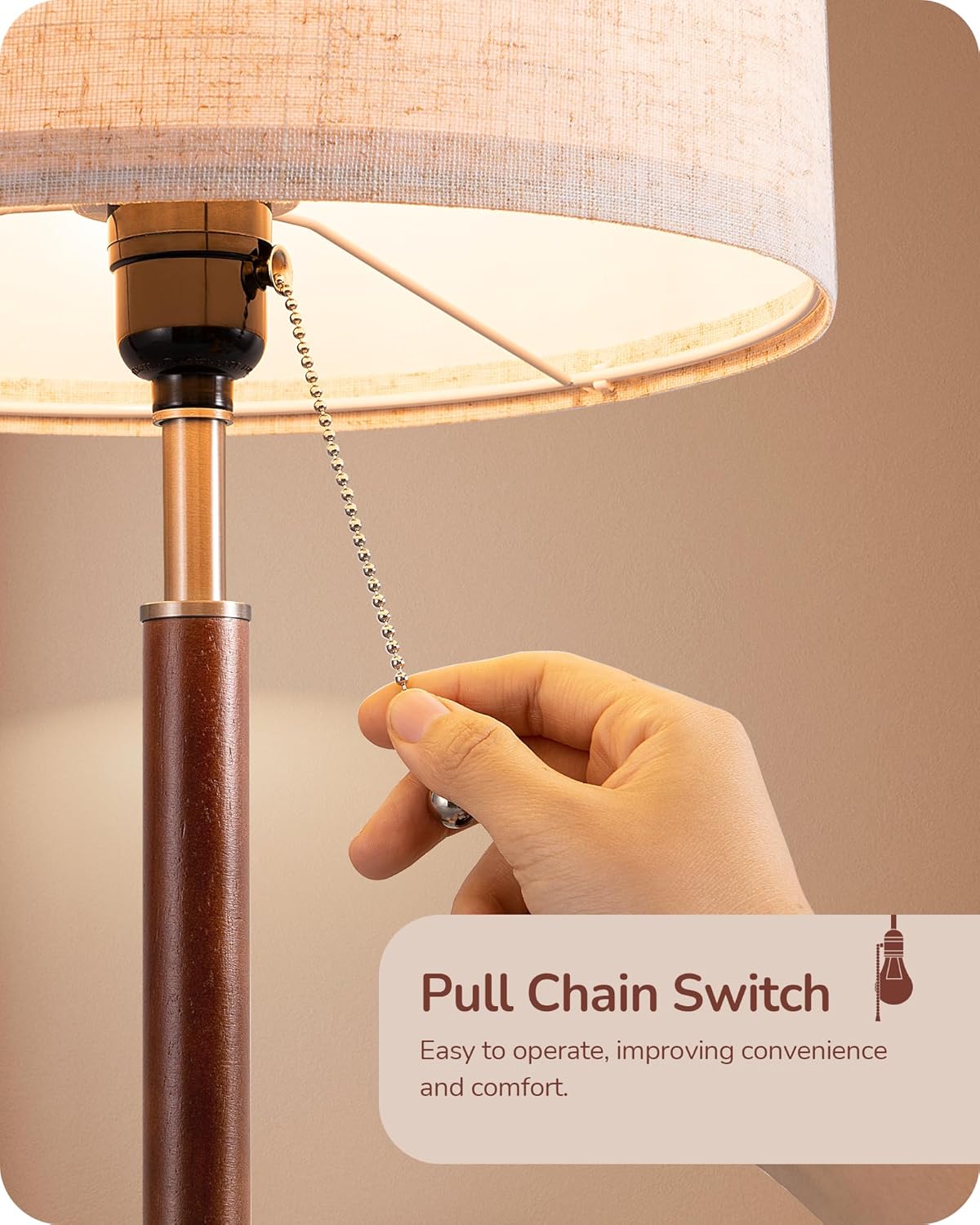 EDISHINE | Mid-Century Wood Table Lamp Set with Pull Chain