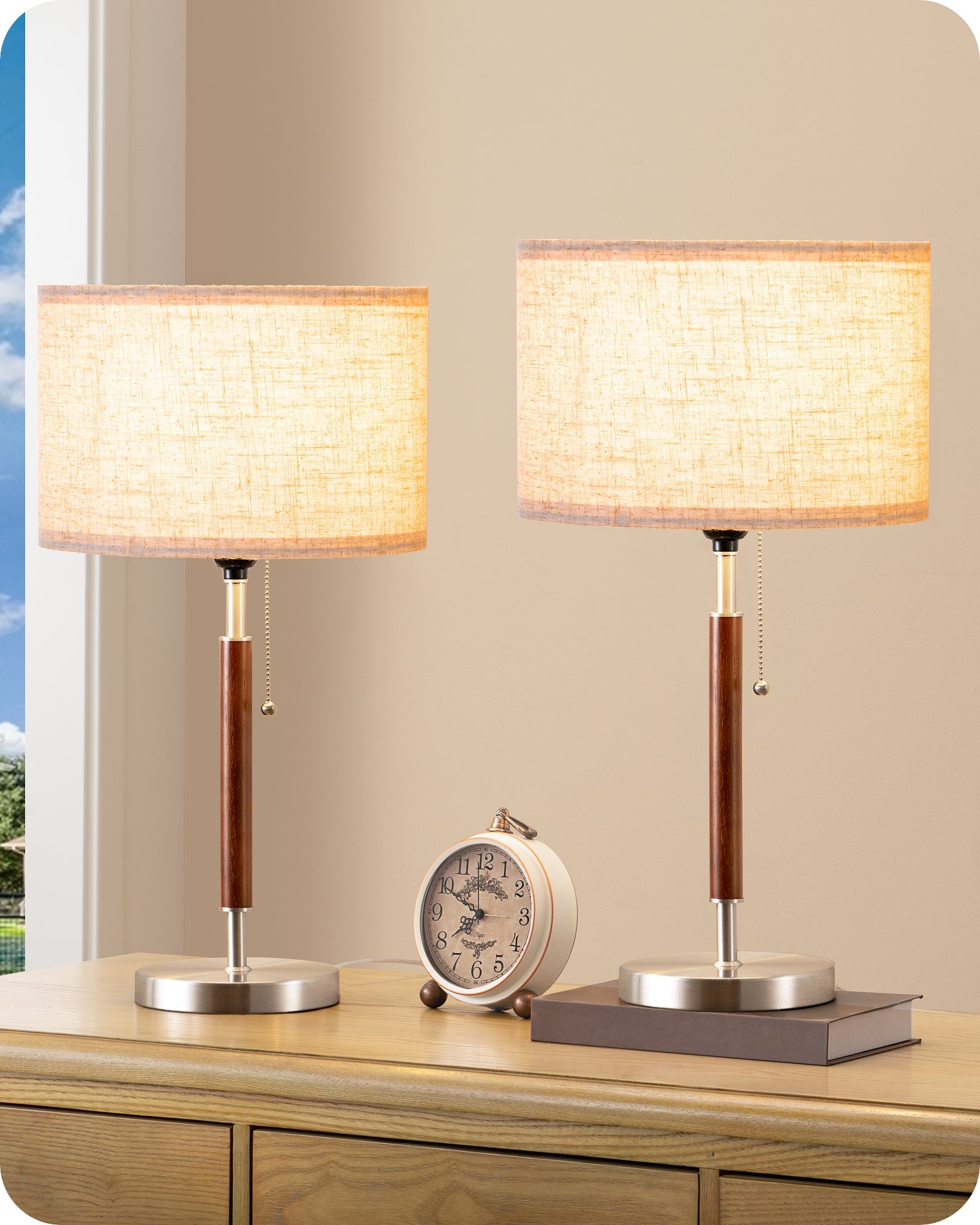 EDISHINE Set of 2, Mid Century Table Lamp, Brushed Nickel, E26 Base-HLTL25X
