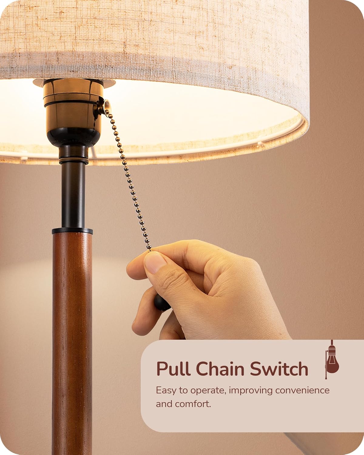 EDISHINE | Mid-Century Wood Table Lamp Set with Pull Chain (Black)