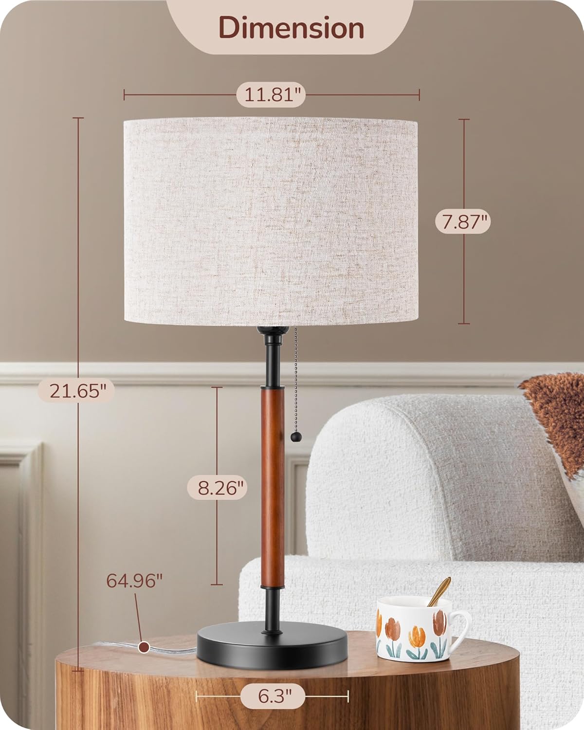 EDISHINE | Mid-Century Wood Table Lamp Set with Pull Chain (Black)