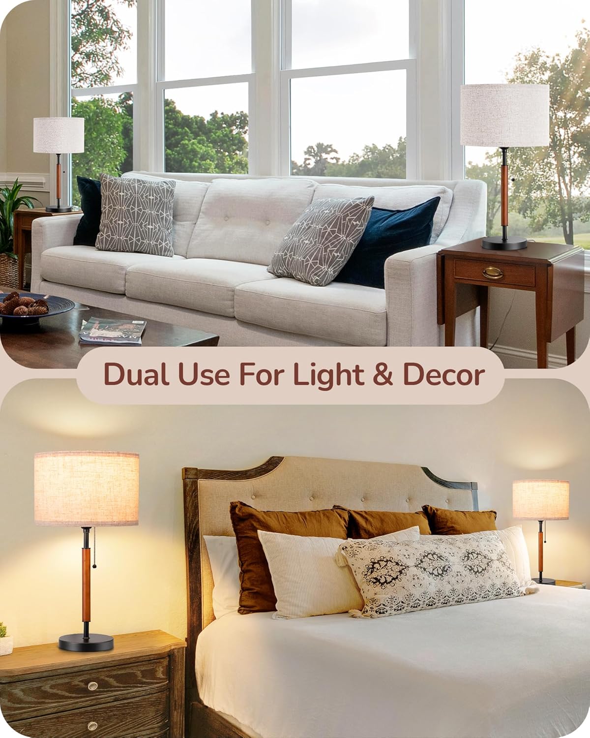 EDISHINE | Mid-Century Wood Table Lamp Set with Pull Chain (Black)