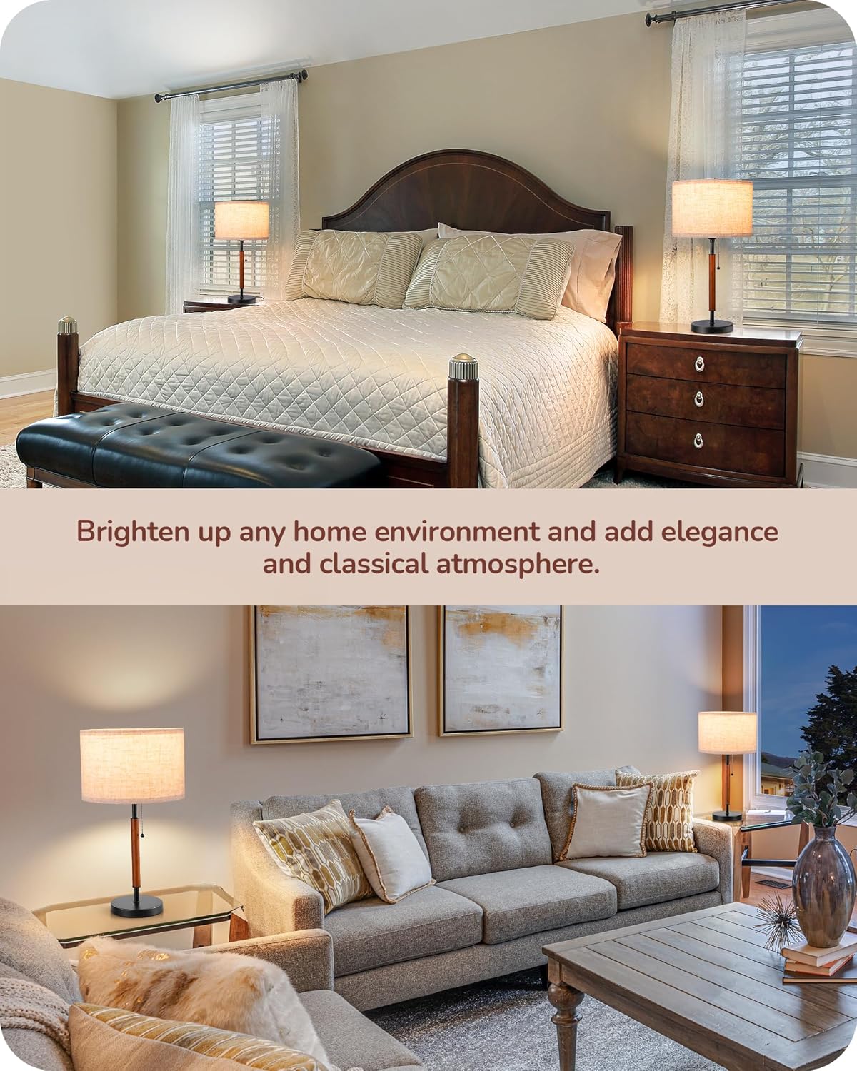 EDISHINE | Mid-Century Wood Table Lamp Set with Pull Chain (Black)