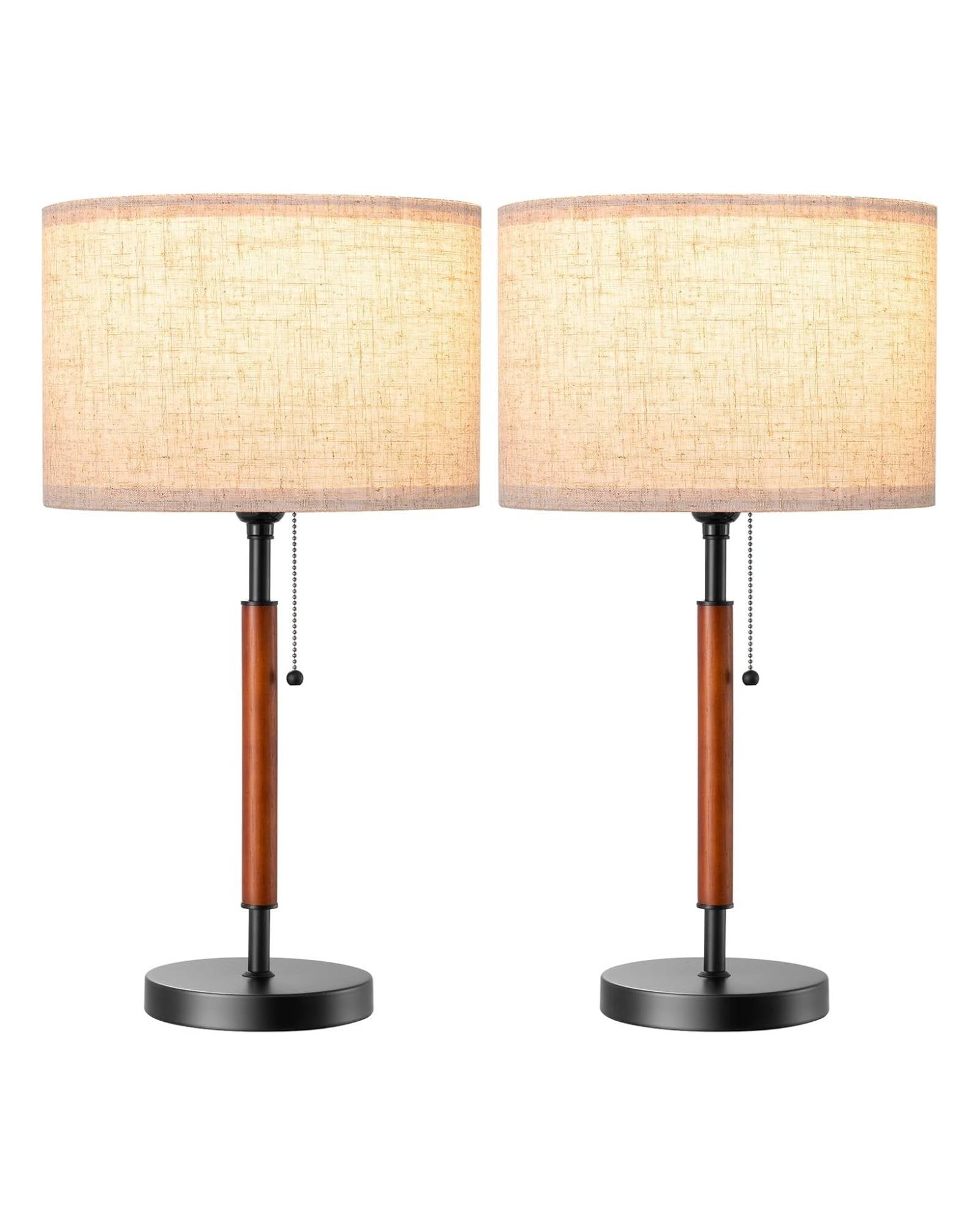 EDISHINE | Mid-Century Wood Table Lamp Set with Pull Chain (Black)
