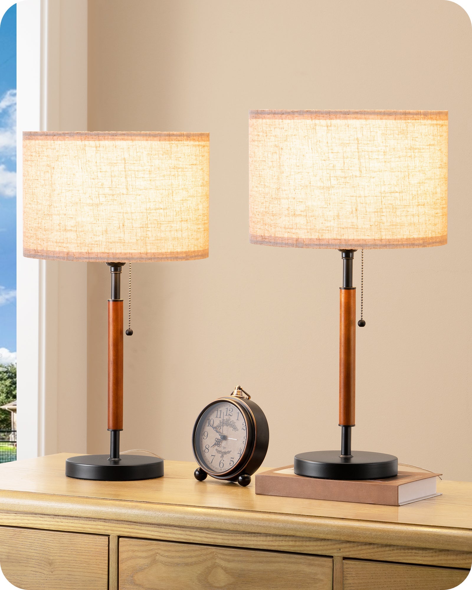 EDISHINE Set of 2, Mid Century Table Lamp, Black, E26 Base-HLTL25Y