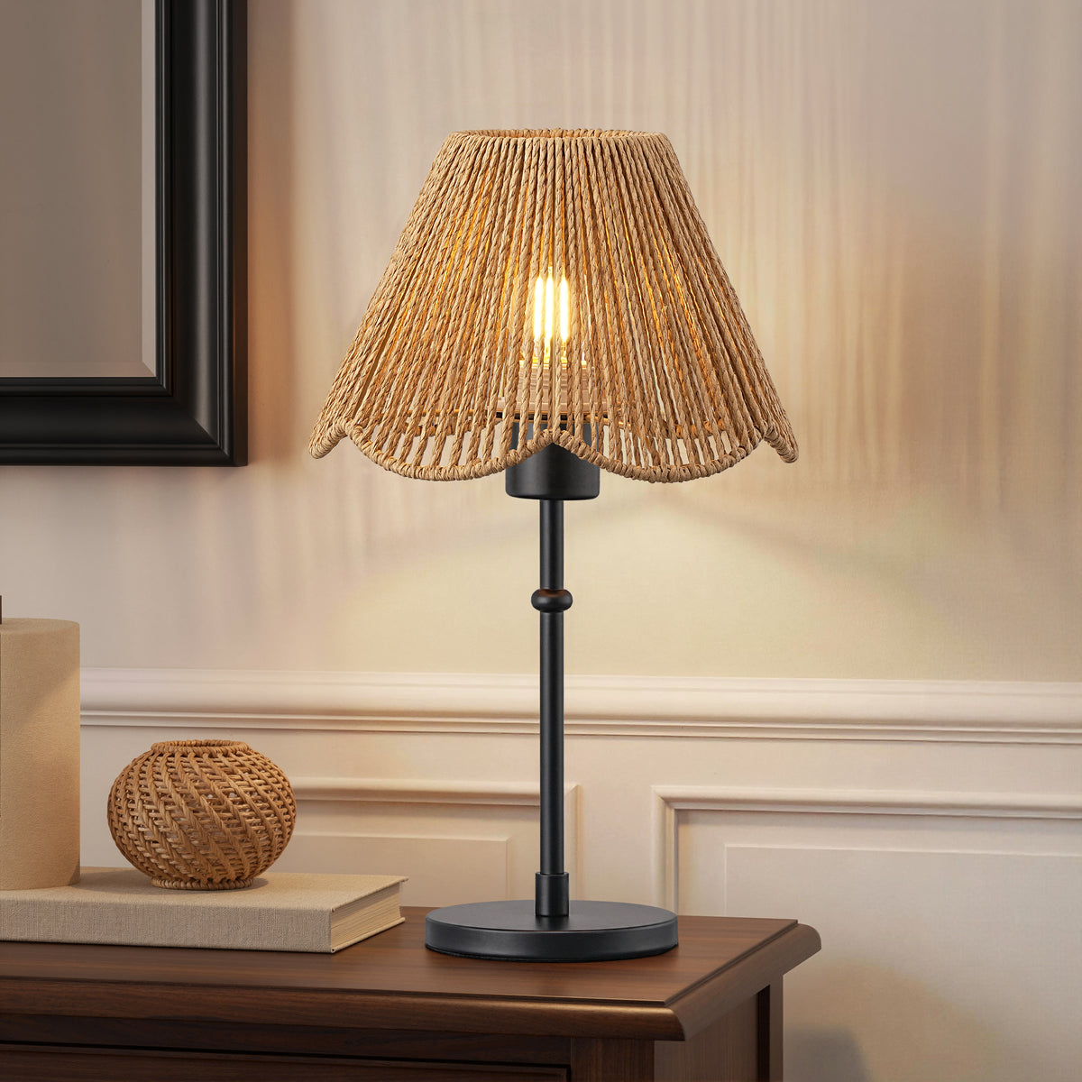 15.35" Boho Table Lamp with Rattan Scallop Shade