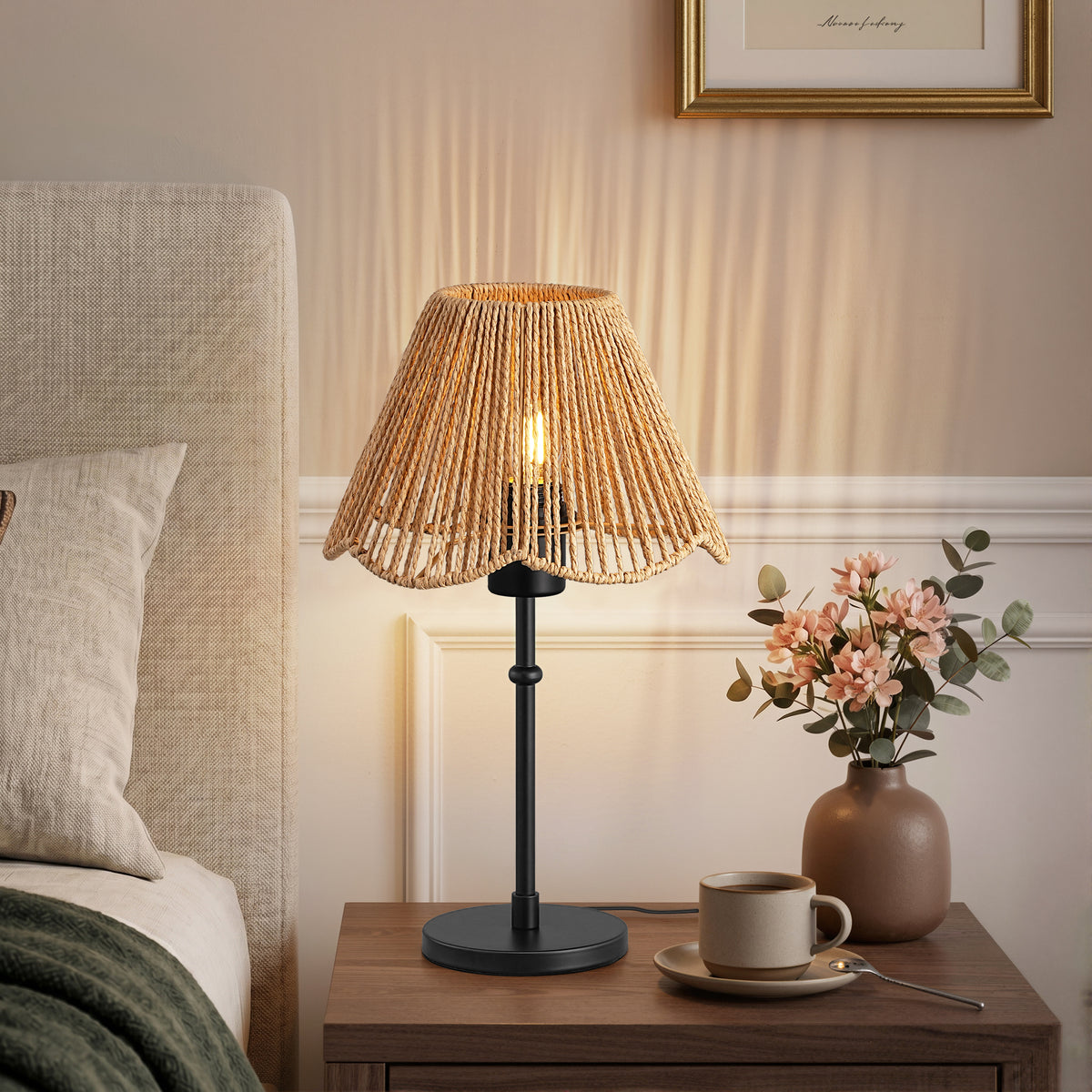 15.35" Boho Table Lamp with Rattan Scallop Shade