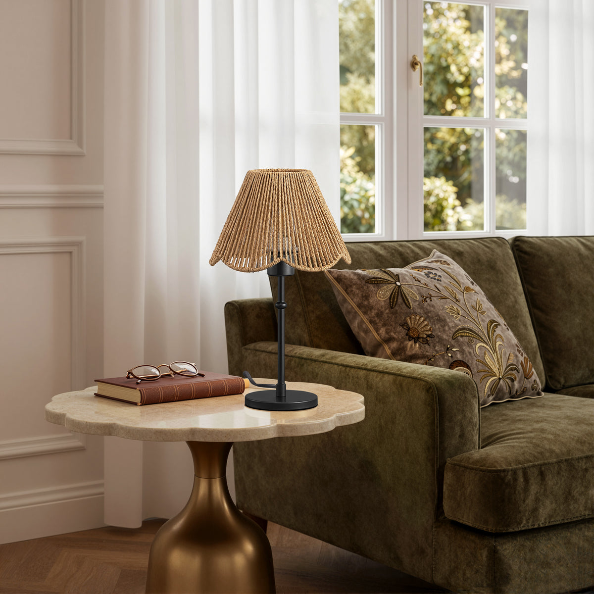 15.35" Boho Table Lamp with Rattan Scallop Shade