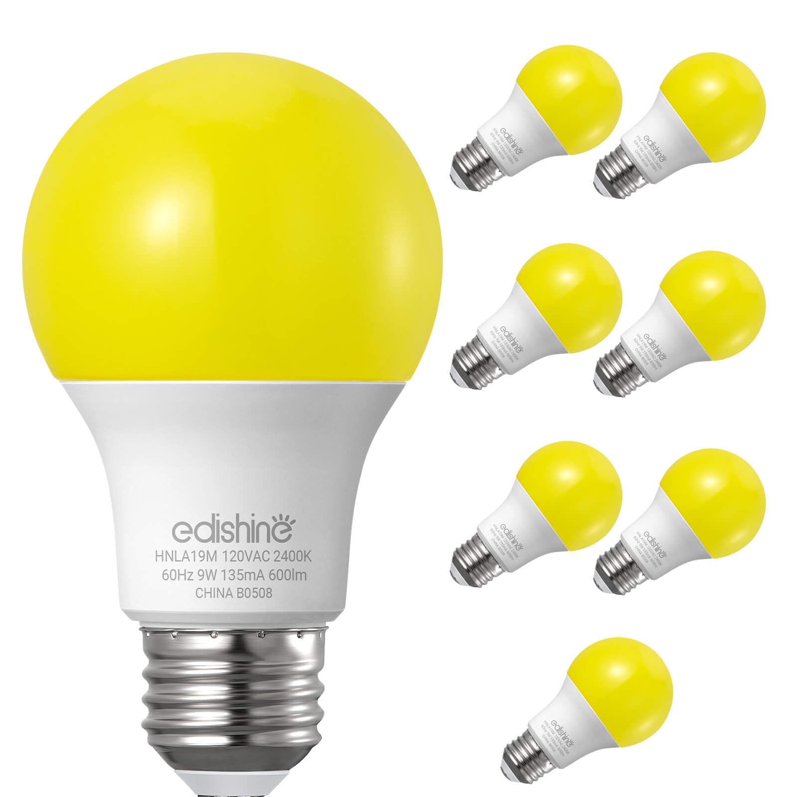 A19 Amber Glow LED Bug Light Bulbs - 9W 2400K E26 (8 Pack)