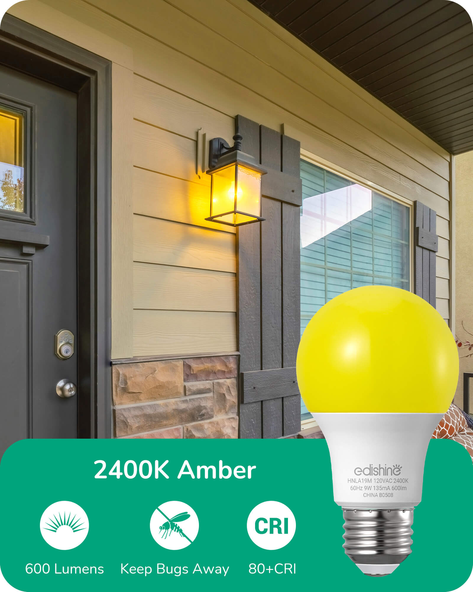 EDISHINE A19 Amber Glow LED Bug Light Bulbs - 9W 2400K E26s - HNLA19M