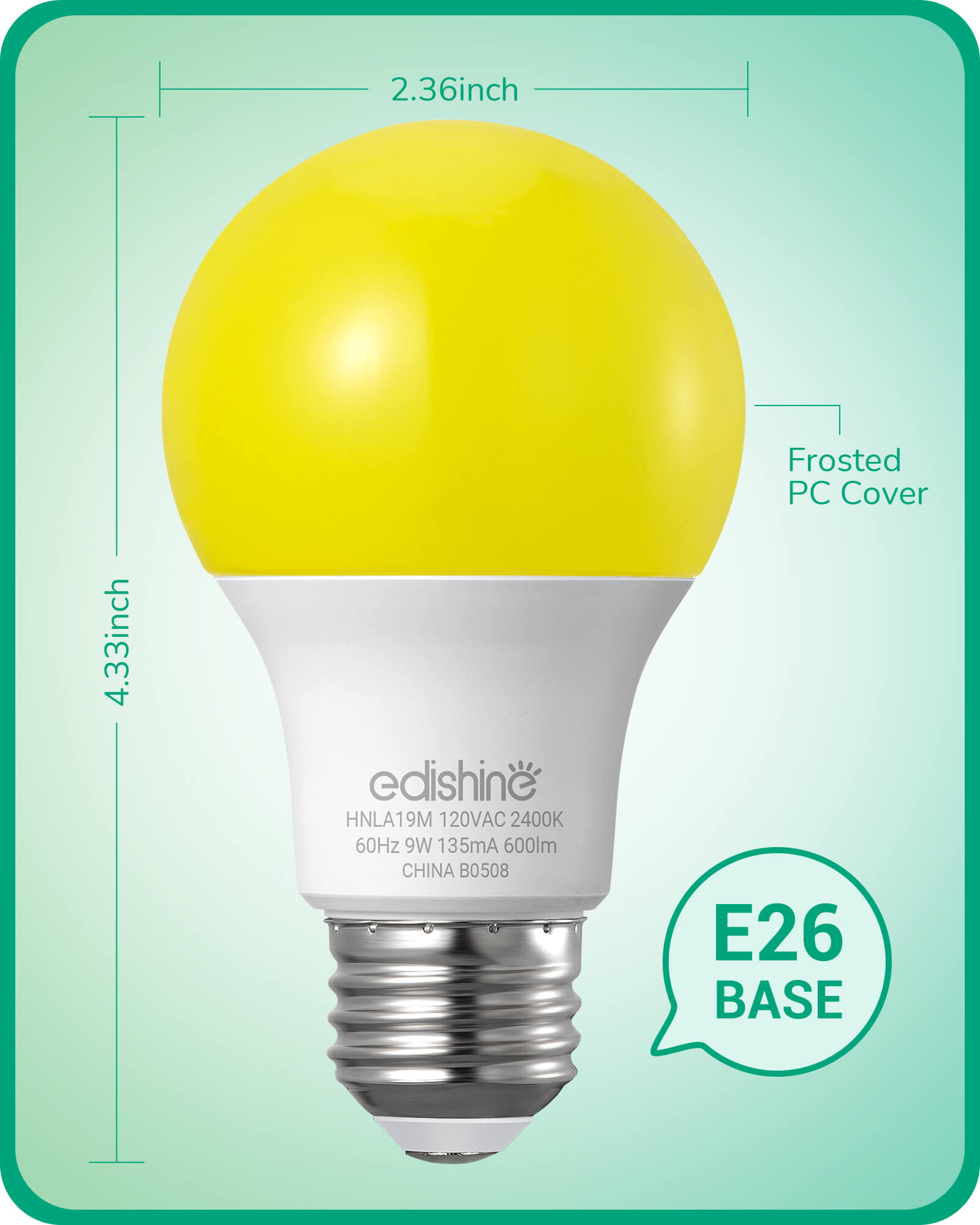 EDISHINE A19 Amber Glow LED Bug Light Bulbs - 9W 2400K E26s - HNLA19M