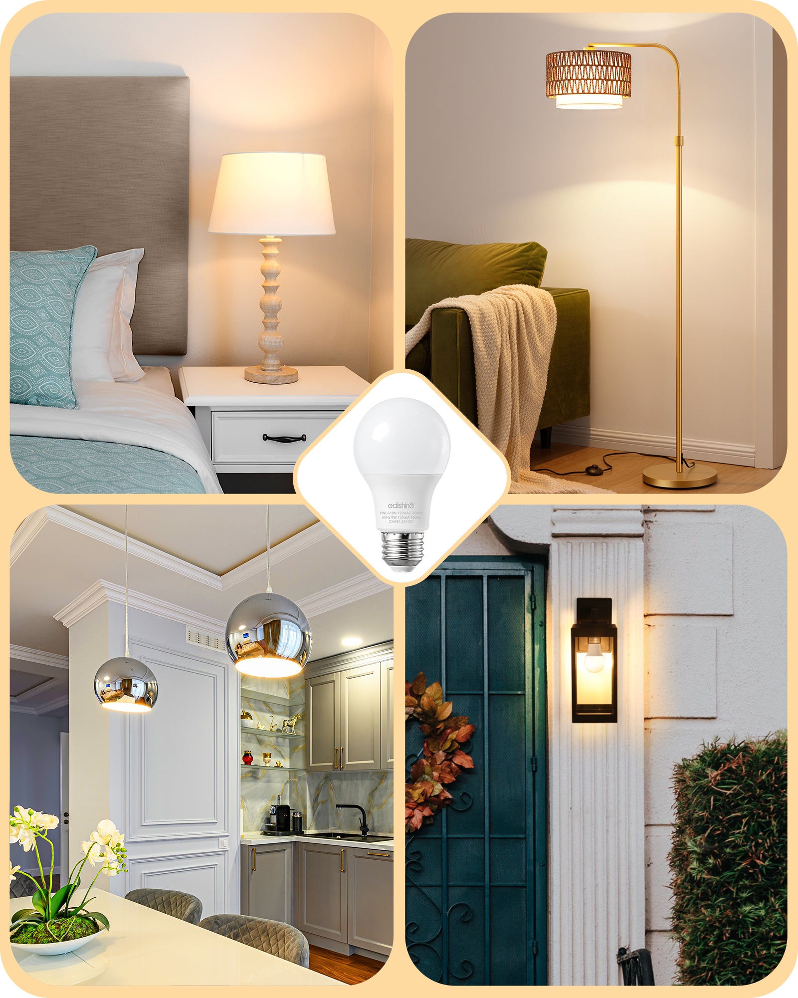 EDISHINE 4-Pack A19 LED Light Bulb, 760LM, 9 Watt(60 Watt Equivalent), E26 Medium Screw Base, Non Dimmable-HNLA19P-HNLA19N