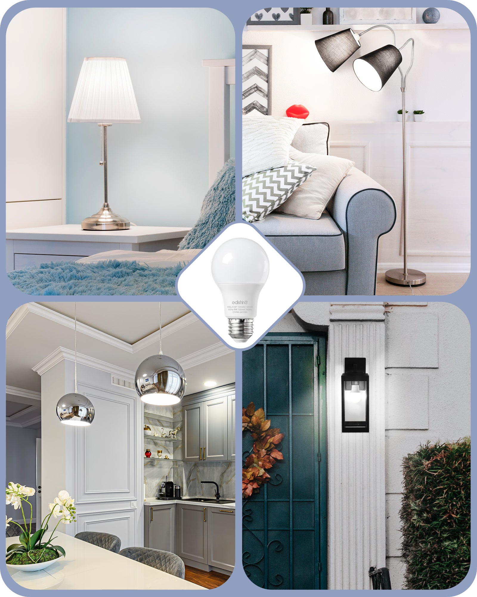 EDISHINE 4-Pack A19 LED Light Bulb, 760LM, 9 Watt(60 Watt Equivalent), E26 Medium Screw Base, Non Dimmable-HNLA19P-HNLA19N