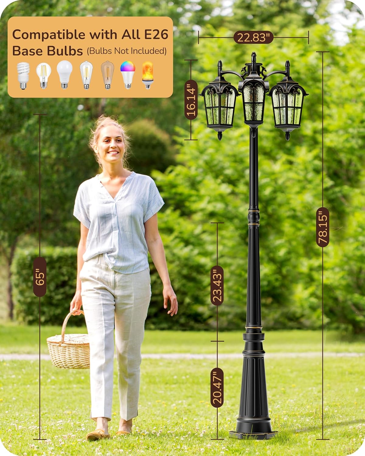 Thickened Aluminum 3-Head Dusk to Dawn Outdoor Post Light